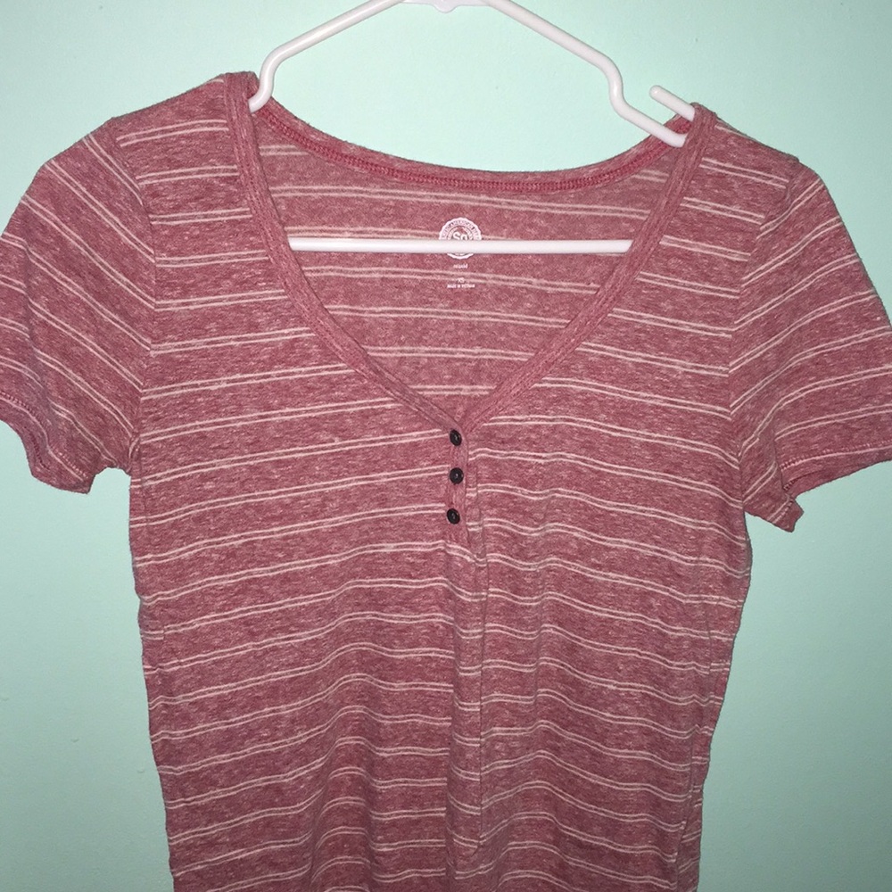 SO pink and white striped v-neck